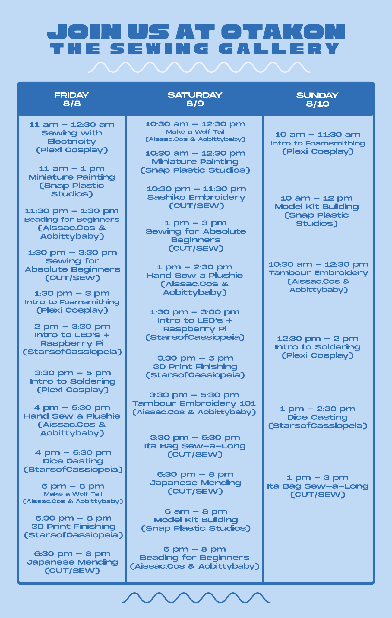 Schedule for the Otakon Sewing Gallery with event times and descriptions.
