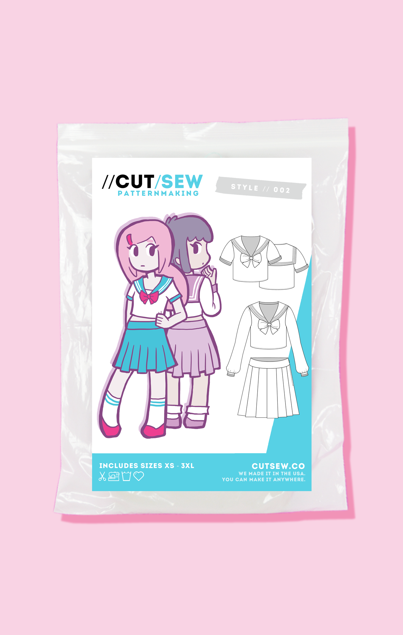 Packaged sewing pattern for a school girl cosplay seifuku, featuring illustrations of the finished outfit and the pattern layout.