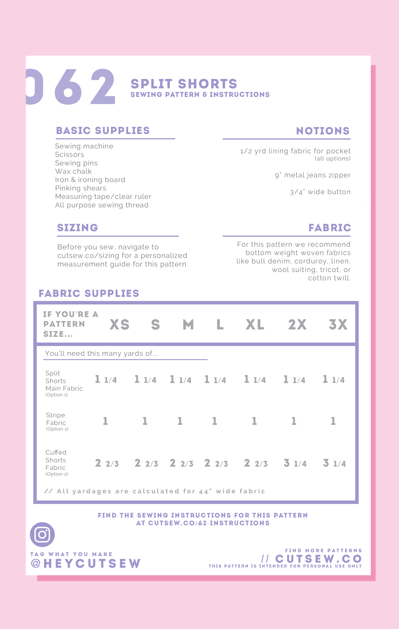062 // SPLIT SHORTS Kawaii Sewing Pattern Back Tag